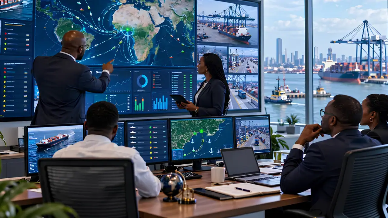Maritime operations centre with screens tracking vessel and port activity.